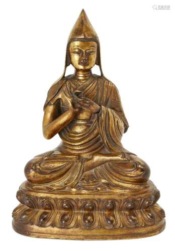 A Sino-Tibetan gilt bronze figure of Tsongkhapa, late 19th c...