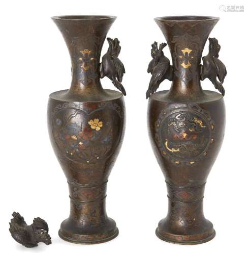 Two similar Japanese gold and silver inlaid bronze baluster ...