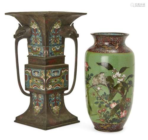 A Japanese bronze and champleve enamel vase, gu, Meiji perio...