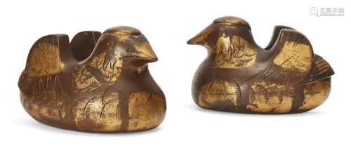 A pair of Japanese parcel gilt bronze 'mandarin duck' screen...