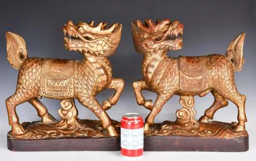 A Pair of Gilt Wood Carved Qilin Beasts 19thC