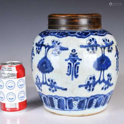 A Blue & White Shou Character Jar w/Cover 19thC