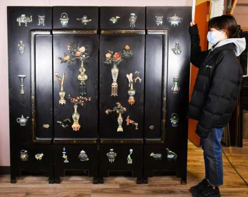 A Chinese Jade & Cloisonne Inlaid Screen