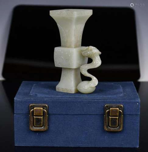 A Jade-Carved Gu Vase with Box, Qing