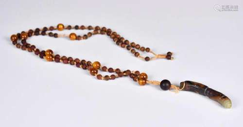 A Wood Beads Necklace w/ Archaic Jade Toggle
