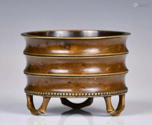 A Bamboo-Shaped Tripod Censer Xuande Mark, Qing