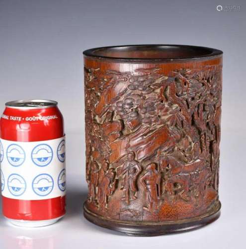 A Bamboo Carved Figural Brush Pot Qing