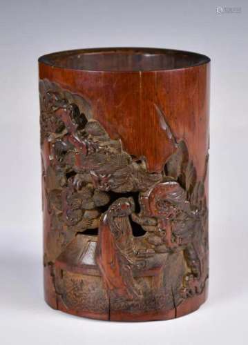 A Small Bamboo Carved Li Bai Brush Pot Qing