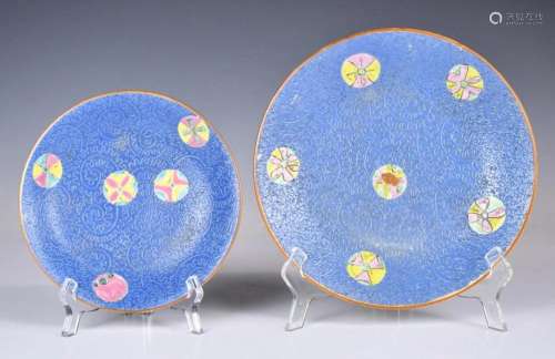 Two Blue Sgraffiato-Grounde Famille Rose Plates
