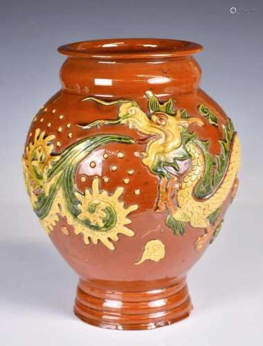 A Brown-Glazed Sancai Dragon Pottery Vase