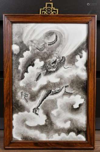 A Grisaille-Enameled Dragon Porcelain Plaque Qing