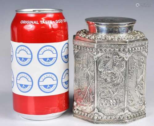 A Hexagonal Silver Tea Caddy 19thC