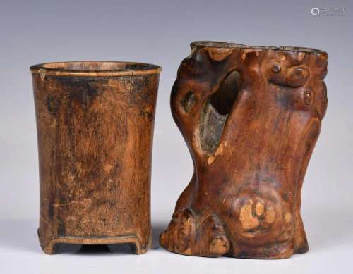 A Group of Two Hardwood Brushpots Qing