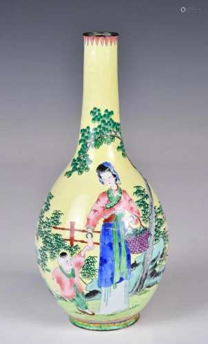 A Yellow-Ground Painted Enamel Vase