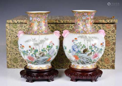 A Pair of Famille Rose Vases w/std & box 1950-70s