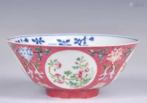 A Ruby-Ground Famille Rose Sgraffiato Bowl Guangxu