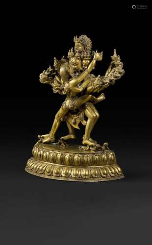 TIBET - XIXe siècle Grande statue en bronze doré de Hevajra ...