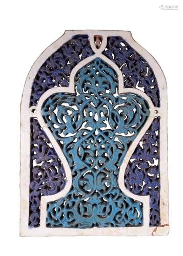 A TURQUOISE & COBALT GLAZED POTTERY TILE, CENTRAL ASIA, ...