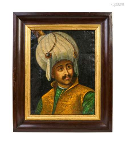 AN OTTOMAN OIL ON CANVAS PAINTING DEPICITING MUSA CELEBI, 17...