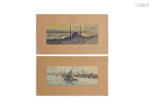 TWO OTTOMAN PAINTINGS OF ISTANBUL ON WATERCOLOUR SIGNED BY F...