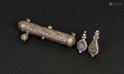 A SILVER SCROLL CASE, TWO SILVER SCROLL SEALS, OTTOMAN 19TH ...