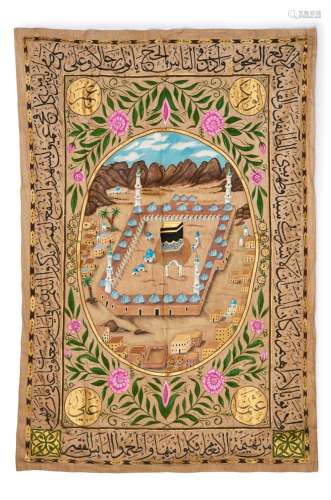 AN OTTOMAN TEXTILE WITH FLORAL PAINTED SCENES DEPICITING THE...