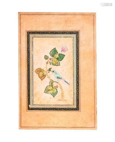 A PERSIAN MINIATURE OF A BIRD AND BUTTERFLY ON A HAZEL BRANC...