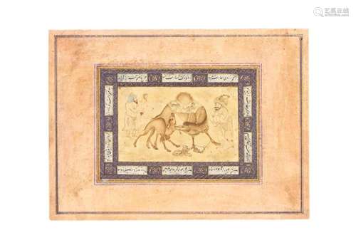 A PERSIAN MINIATURE OF TWO CAMELS FIGHTING, 18TH/19TH CENTUR...