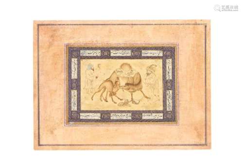 A PERSIAN MINIATURE OF TWO CAMELS FIGHTING, 18TH/19TH CENTUR...