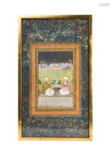 A MINATURE OF TWO SEATED NOBLEMEN, SIGNED, SAFAVID, MUGHAL P...
