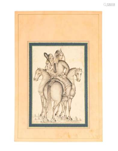 TWO PERSIAN TRAVELLERS ON THEIR HORSES, 19TH CENTURY, QAJAR