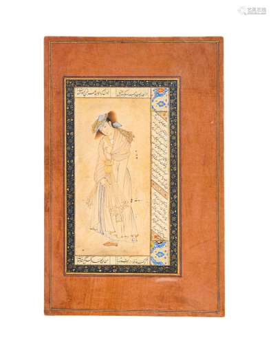 A PERSIAN MINIATURE OF A YOUTH HOLDING A WINE CUP & A BO...
