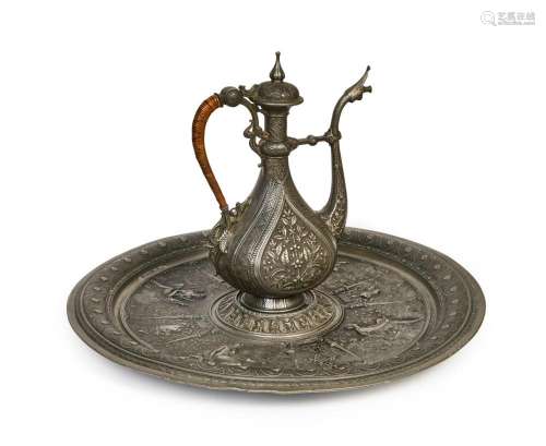 FINELY ENGRAVED ANTIQUE PEWTER EWER AND BASIN BY J. BRATEAU ...