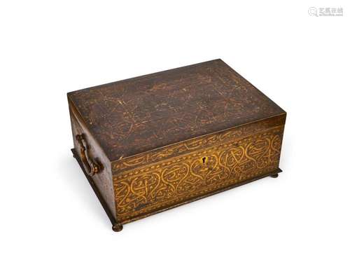 A MUGHAL GOLD DAMASCENSE BOX BEARING THE NAME OF EMPEROR SHA...