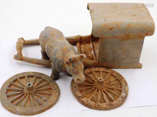 A rare Tang Dynasty chariot with buffalo, the beast being fr...