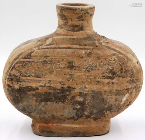 A Han Dynasty cocoon vase, retaining much of the original de...