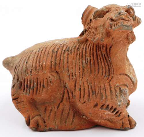 A Ming Dynasty zoomorphic terracotta ram ornament, hollow fo...