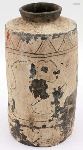 A Han Dynasty cylindrical clay brush jar, with remnants of p...