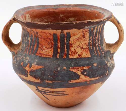 A Neolithic period painted terracotta twin handled pot, deco...