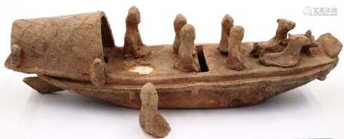 A rare Eastern Han Dynasty pottery boat, having six seated f...