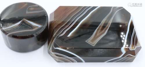 A large polished manao banded brown agate block with bevelle...