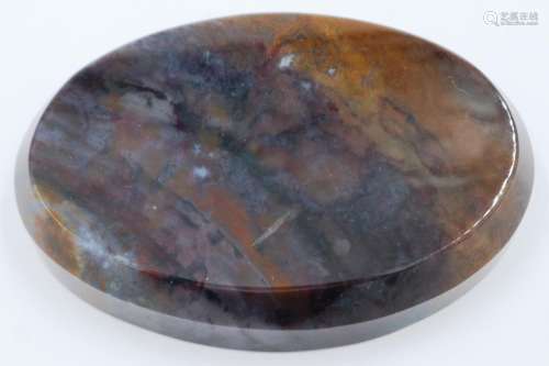 An oval block of brown agate, coloured with purple shades, p...