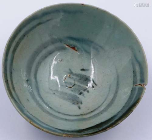 A Ming Dynasty bowl, glazed with blue painted decoration, D:...