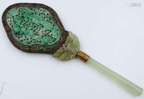 Qing Dynasty lobed mirror with a central jade plaque depicti...