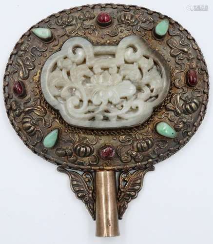 An 18th century silver hand mirror, set with semi-precious s...