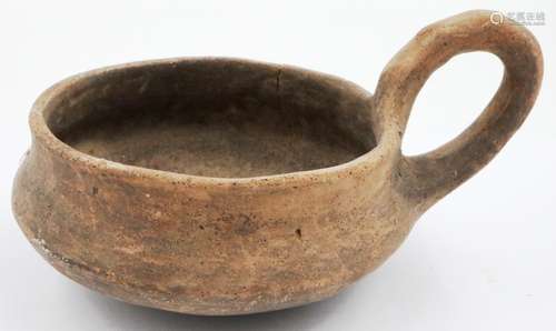 A Han Dynasty terracotta drinking vessel, having a single ex...