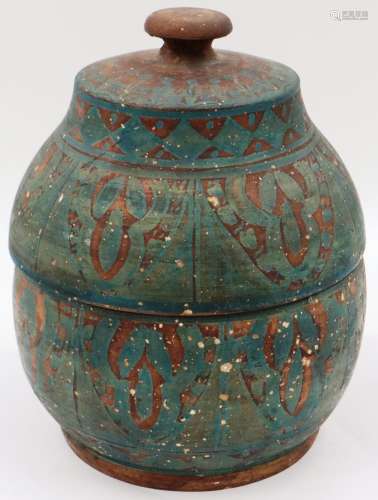 Islamic 17th century covered terracotta jar with naïve paint...