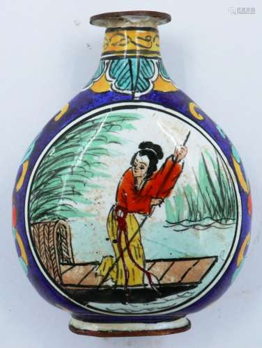An enamelled copper moon form snuff bottle, decorated with f...