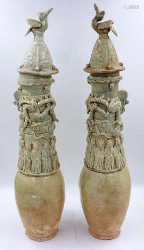 A pair of Song Dynasty period glazed funerary vases, each wi...