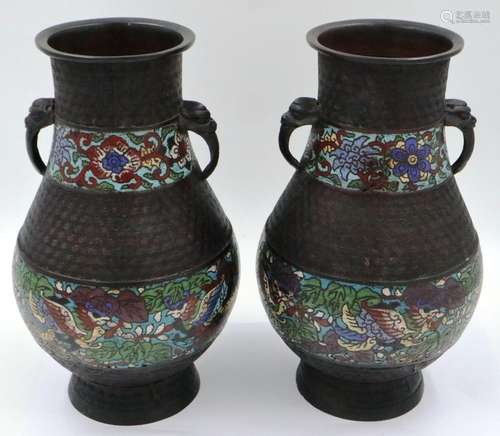 A pair of Japanese Meiji period champleve enamelled bronze v...